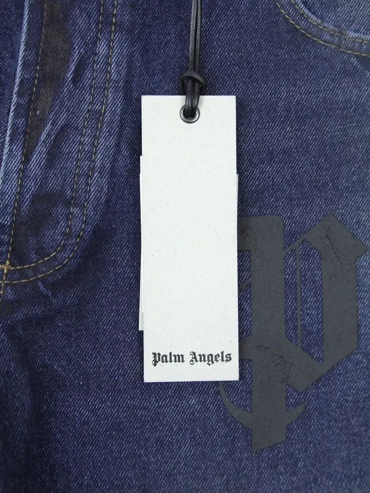 Мужские прямые джинсы Palm Angels синие с принтом Palm Angels фото 9