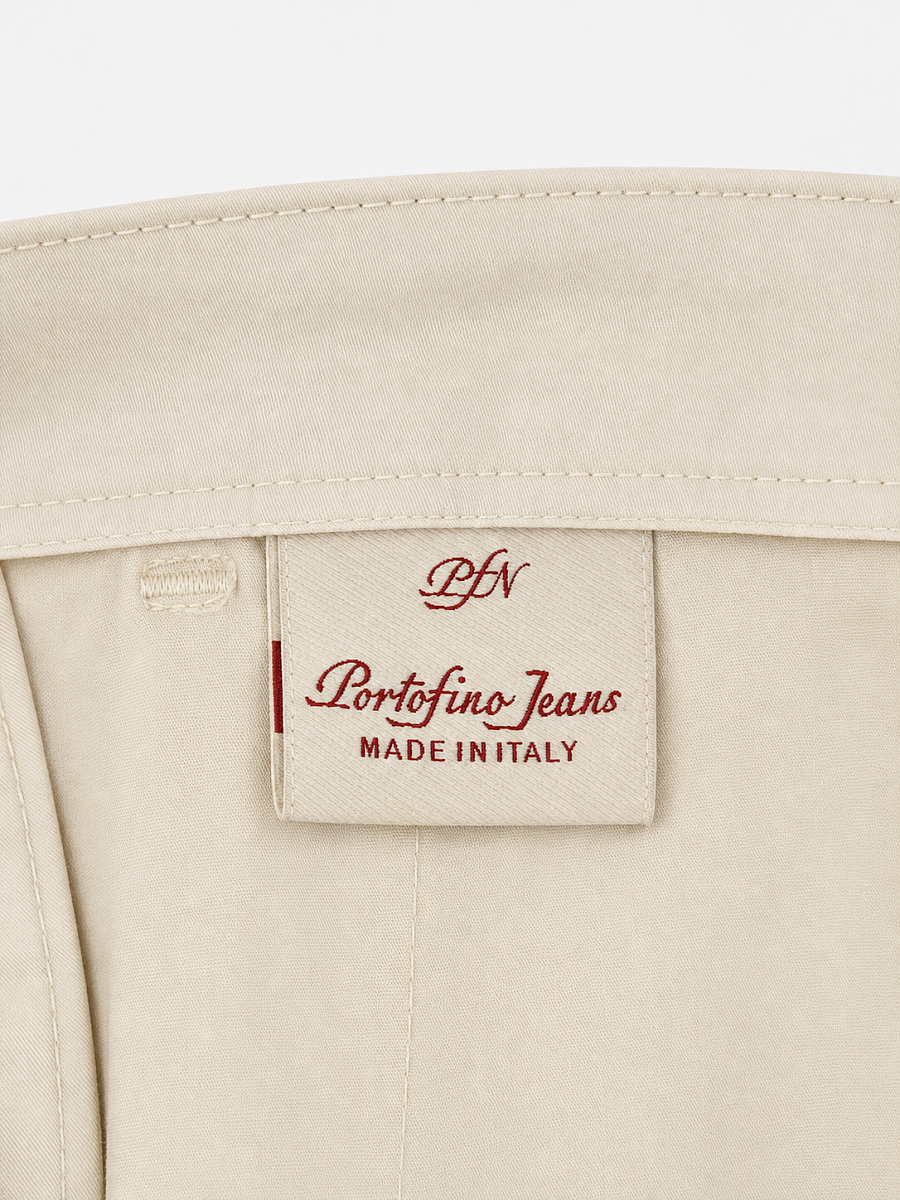 Мужские брюки чинос Portofino Jeans молочные — внутренняя отделка и фирменная этикетка Portofino Jeans