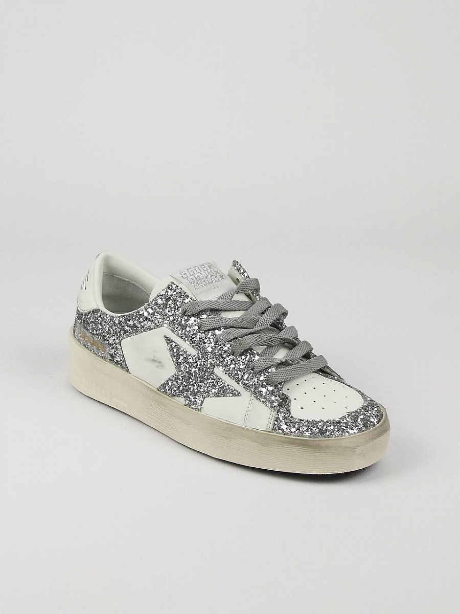 Кеды женские Golden Goose Super-Star серые с серебристым глиттером и звездой — вид сбоку