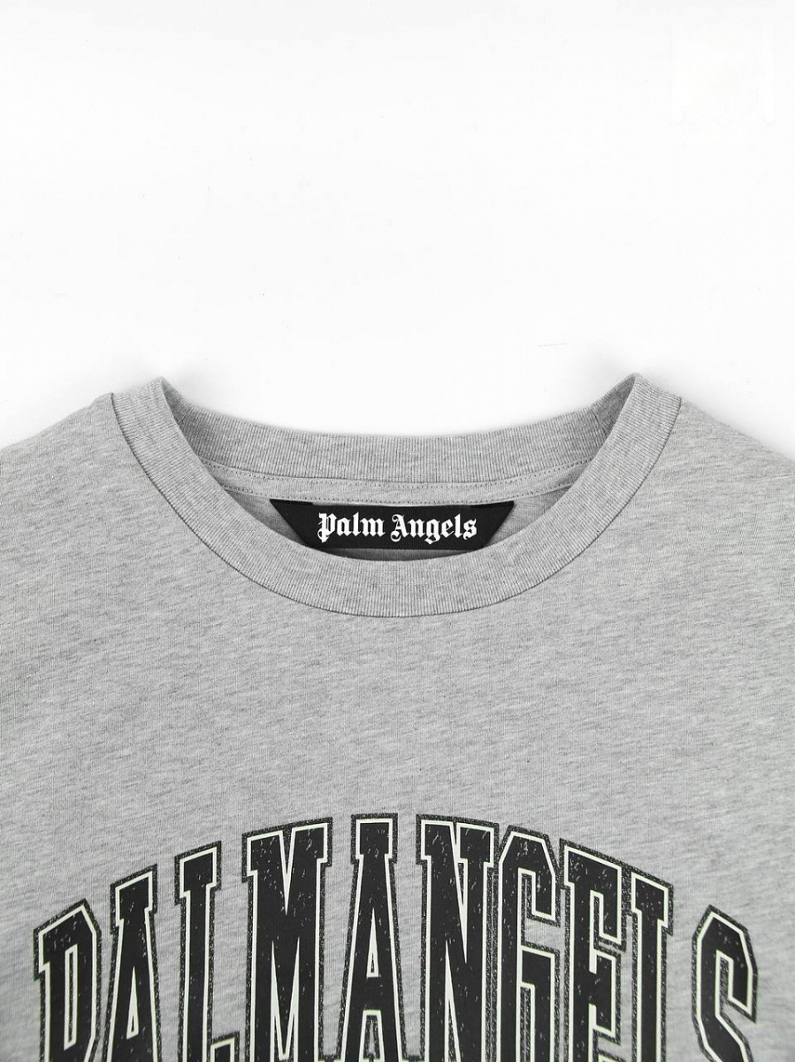 Мужская футболка Palm Angels серая, хлопок — горловина