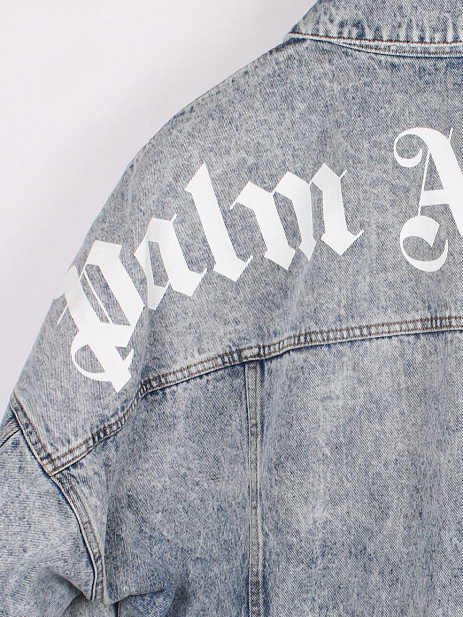 Мужская джинсовая куртка Palm Angels вареная голубая, хлопок — логотип Palm Angels на спине