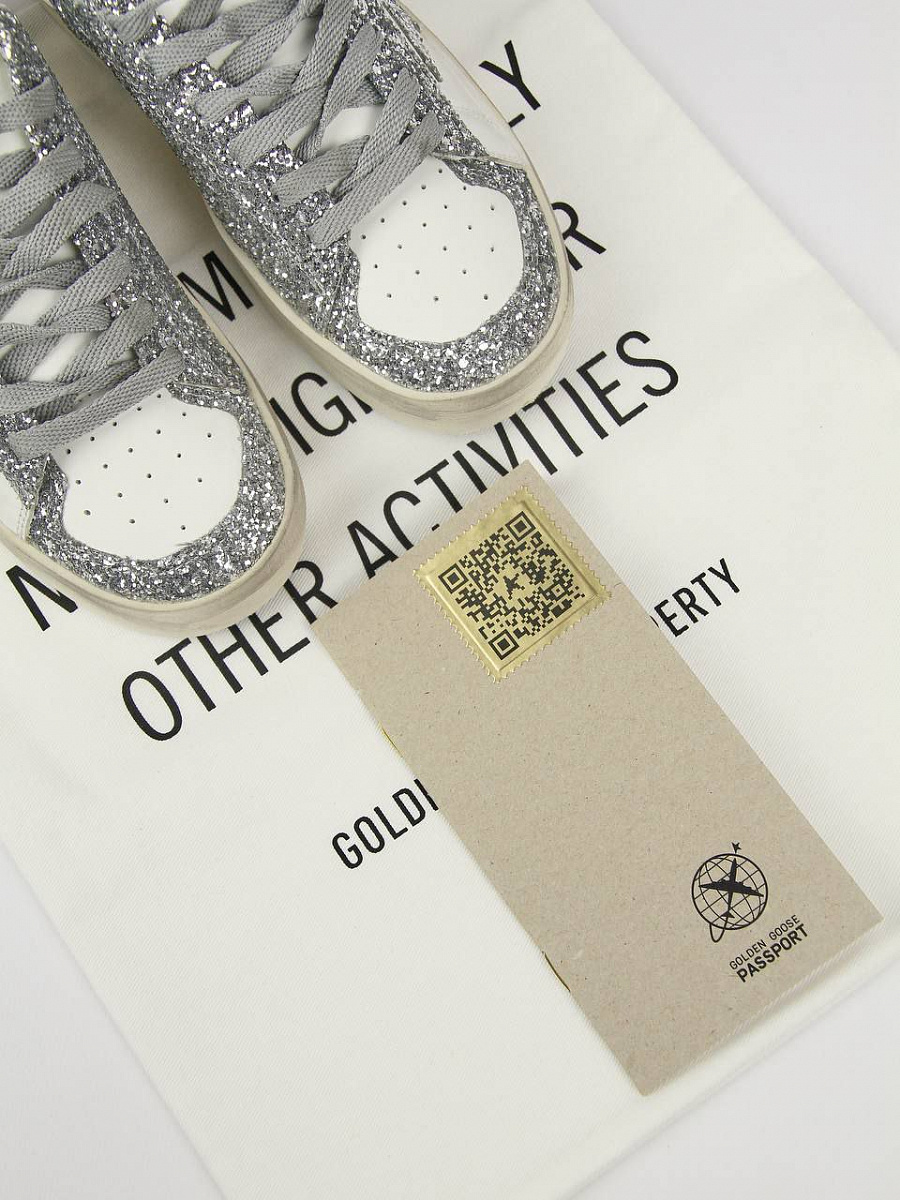 Кеды женские Golden Goose Super-Star серые с серебристым глиттером и звездой — фирменный пыльник Golden Goose