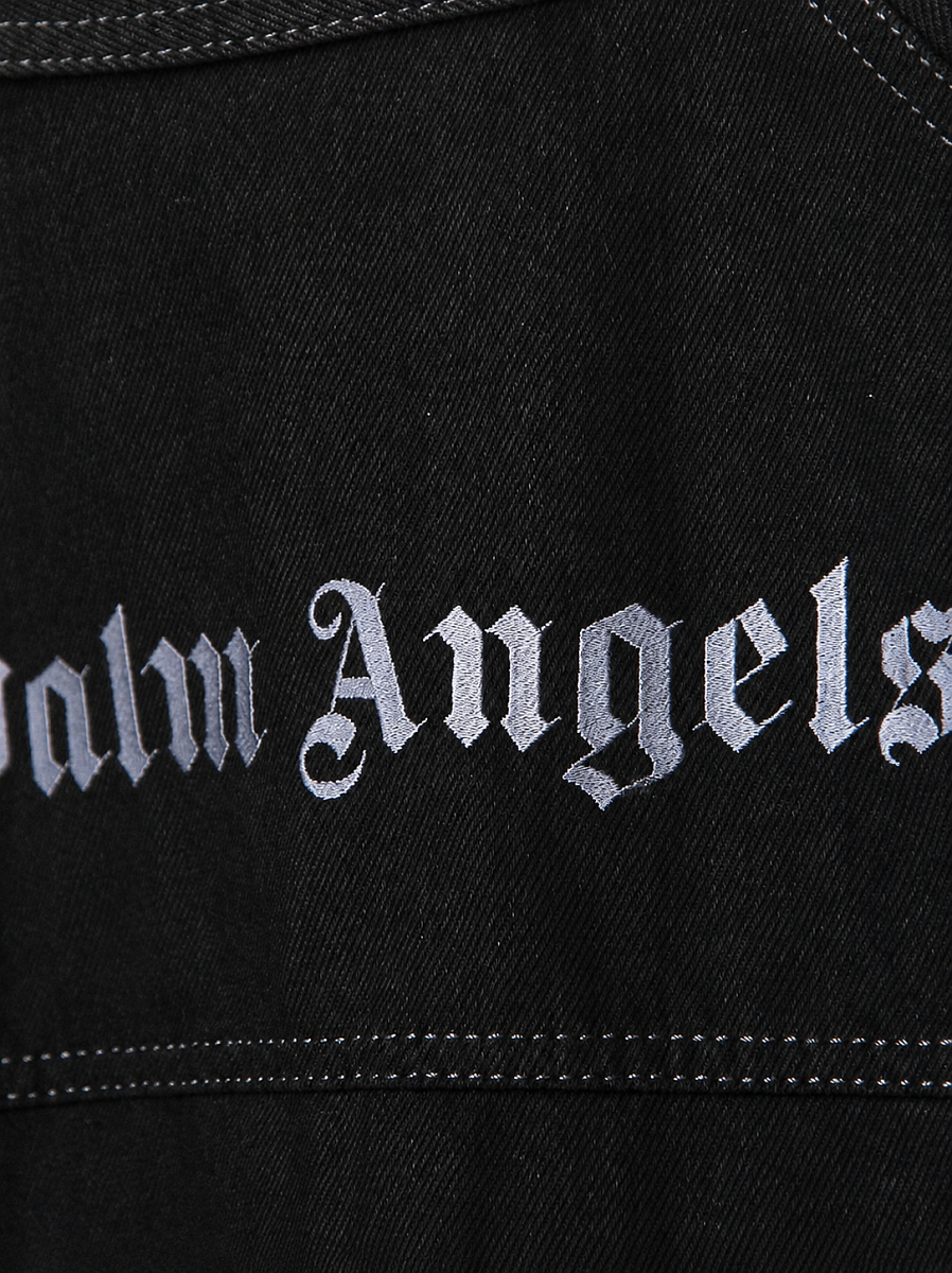Мужская удлиненная джинсовая куртка Palm Angels черная, хлопок — логотип Palm Angels на спине