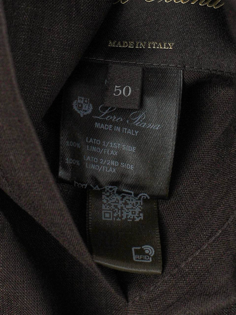 Мужская ветровка Loro Piana Bomber Solaire коричневая, темно-синяя лен — внутренняя маркировка с размером и информацией об изделии