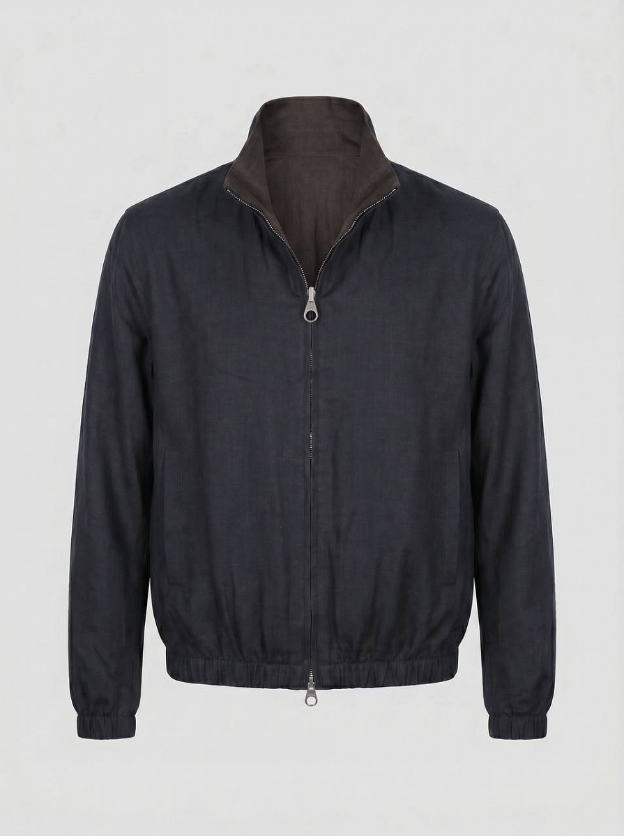 Мужская ветровка Loro Piana Bomber Solaire коричневая, темно-синяя лен — вид спереди