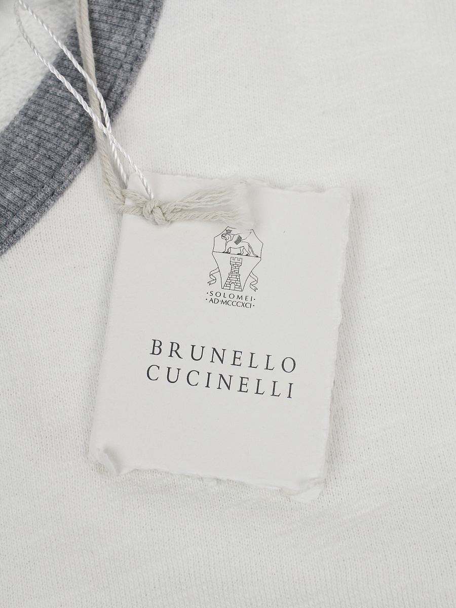 Мужская футболка-свитшот Brunello Cucinelli бело-серая, хлопок/лен — фирменная бирка Brunello Cucinelli