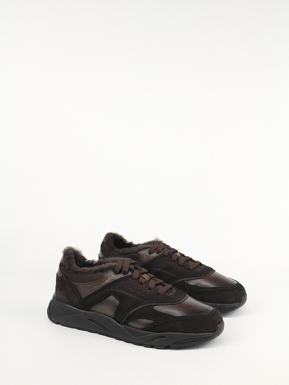 Мужские утепленные кроссовки Santoni Innova коричневые, кожа/шерсть Santoni