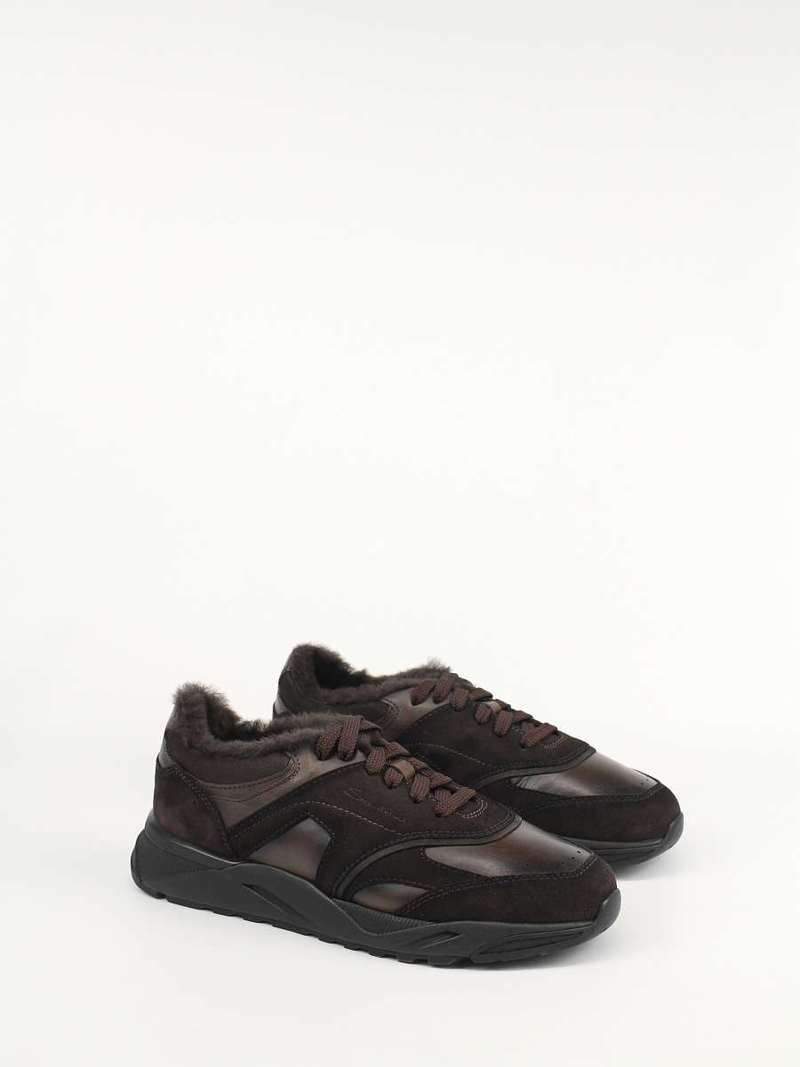 Мужские утепленные кроссовки Santoni Innova коричневые, кожа/шерсть