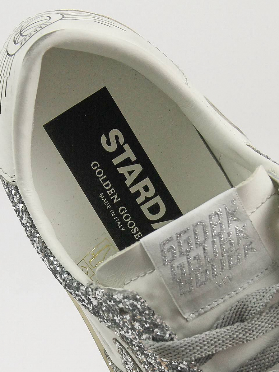 Кеды женские Golden Goose Super-Star серые с серебристым глиттером и звездой — стелька с логотипом Golden Goose