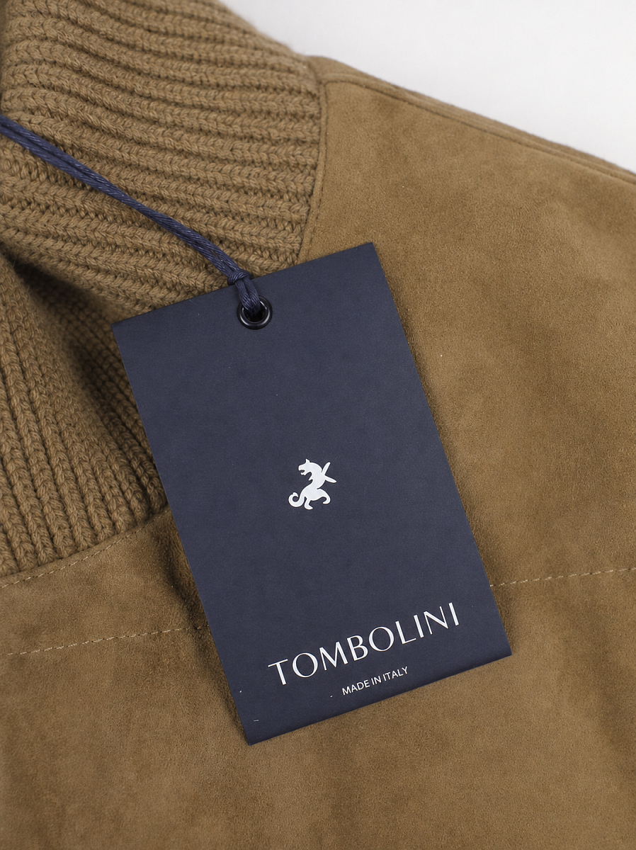 Мужская комбинированный утепленный бомбер Tombolini коричневый, замша/шерсть — фирменная бирка Tombolini